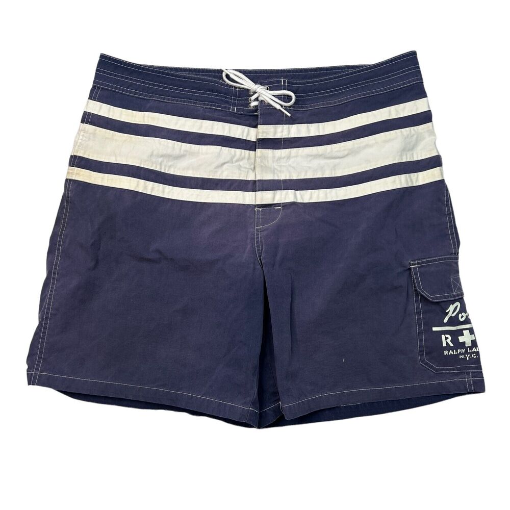 Polo Ralph Lauren Mens VTG Striped Swim Trunk Board Shorts Navy Blue White 38